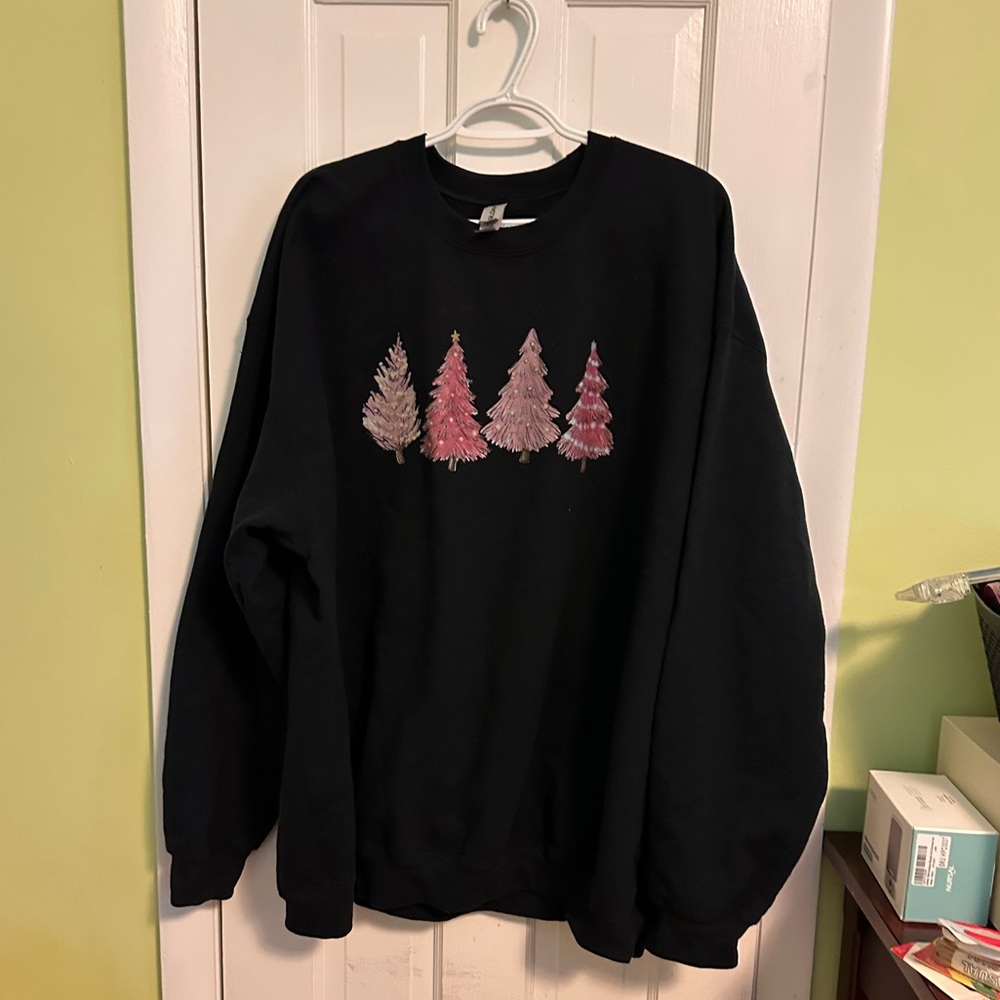 Gildan Black Crewneck Sweater with Pink Tree Design